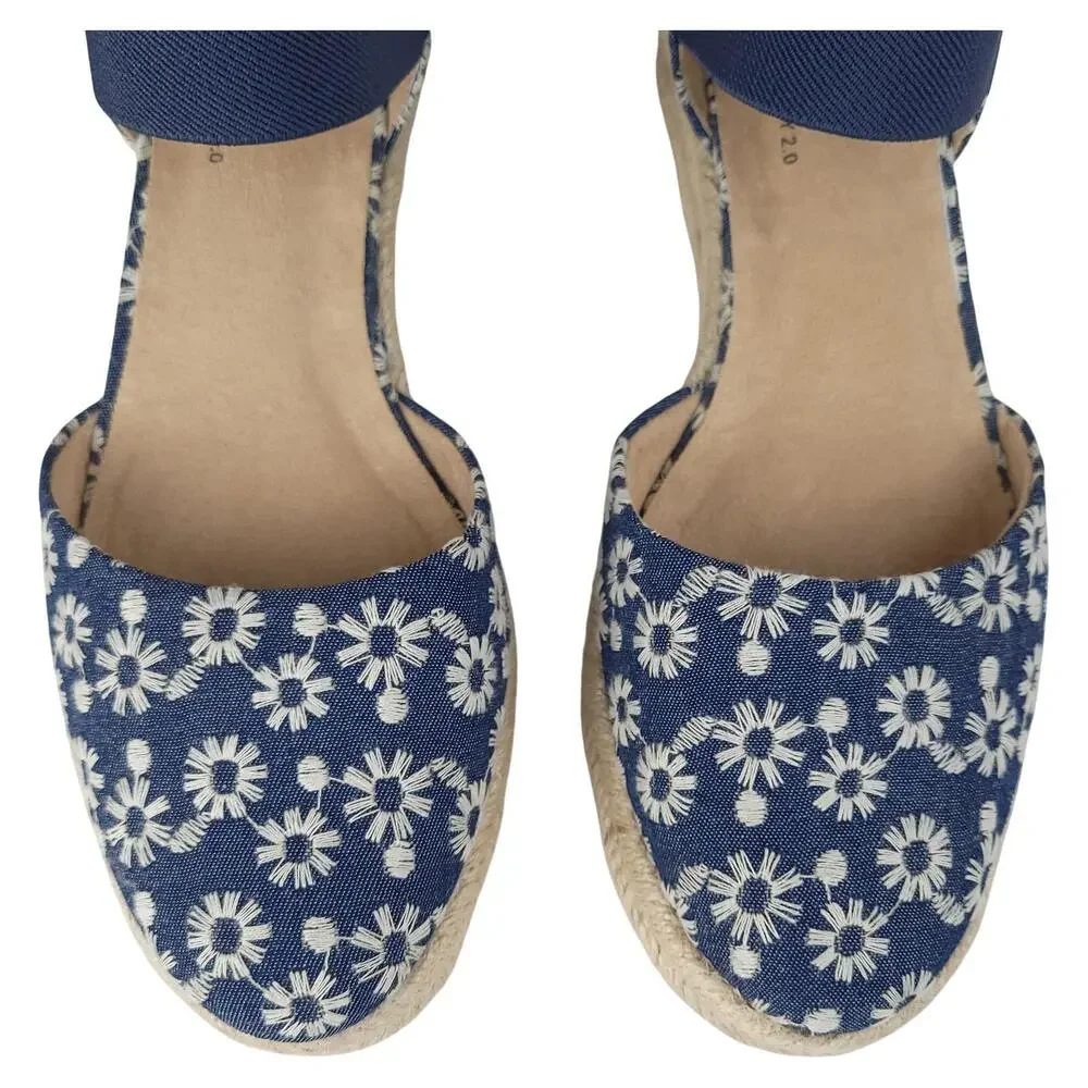 LifeStride Kaylee Sandals 9.5M Blue Denim Embroidered Wedge Heel Espadrille